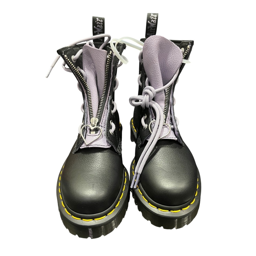 Dr. Martens Sinclair Hearts Black Lilac Leather Platform Boots Front‎ Zip Quad